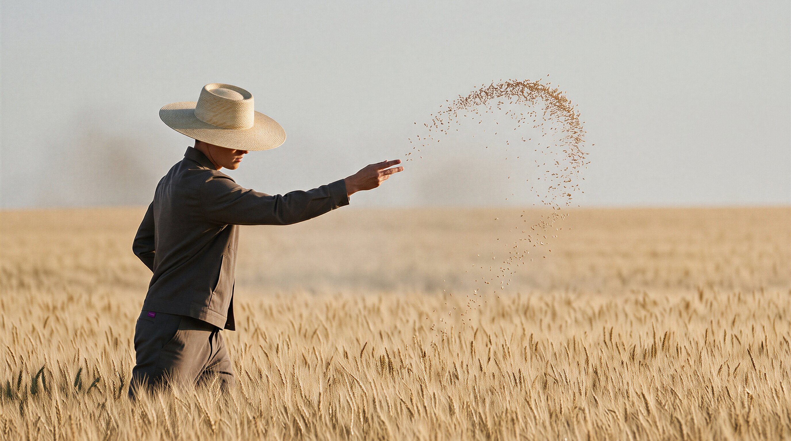 Agricultor sembrando a mano en un campo de trigo al atardecer